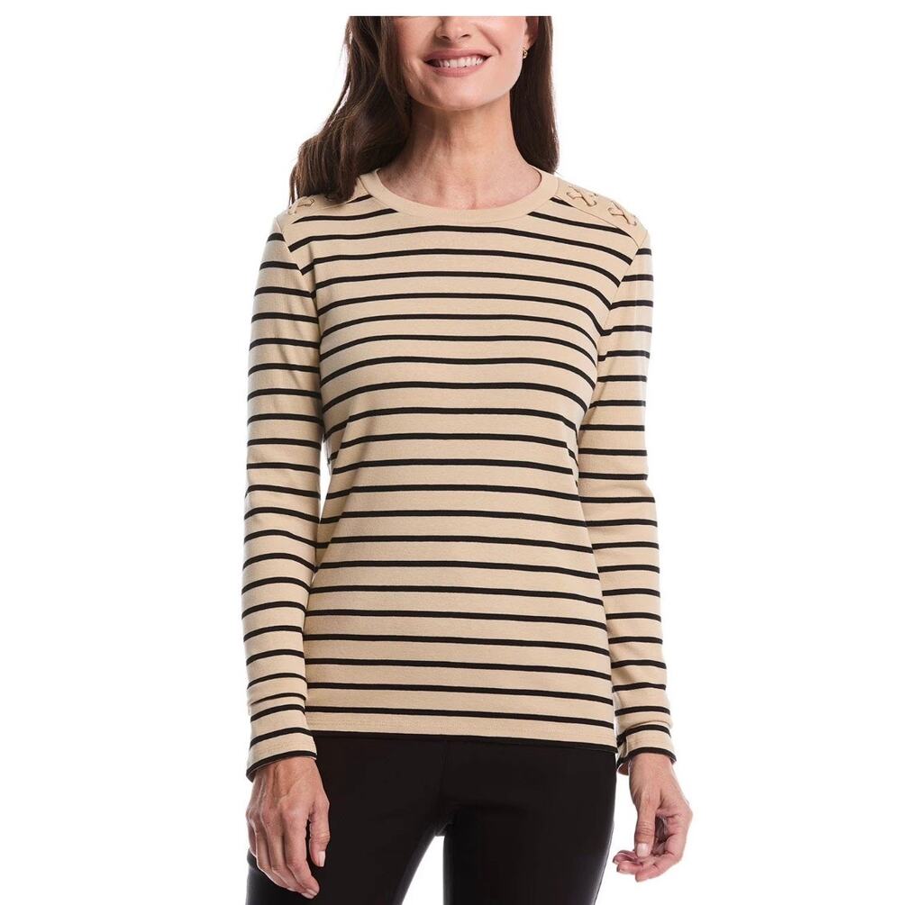 Rafaella Long Sleeve Striped Top, Women's Size XL Tan/Black 100% cotton new